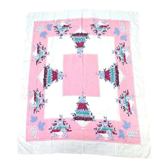 Vintage Fruit & Floral Tablecloth Pink White Center Grapes Berries Fruit Salad R - Picture 1 of 7